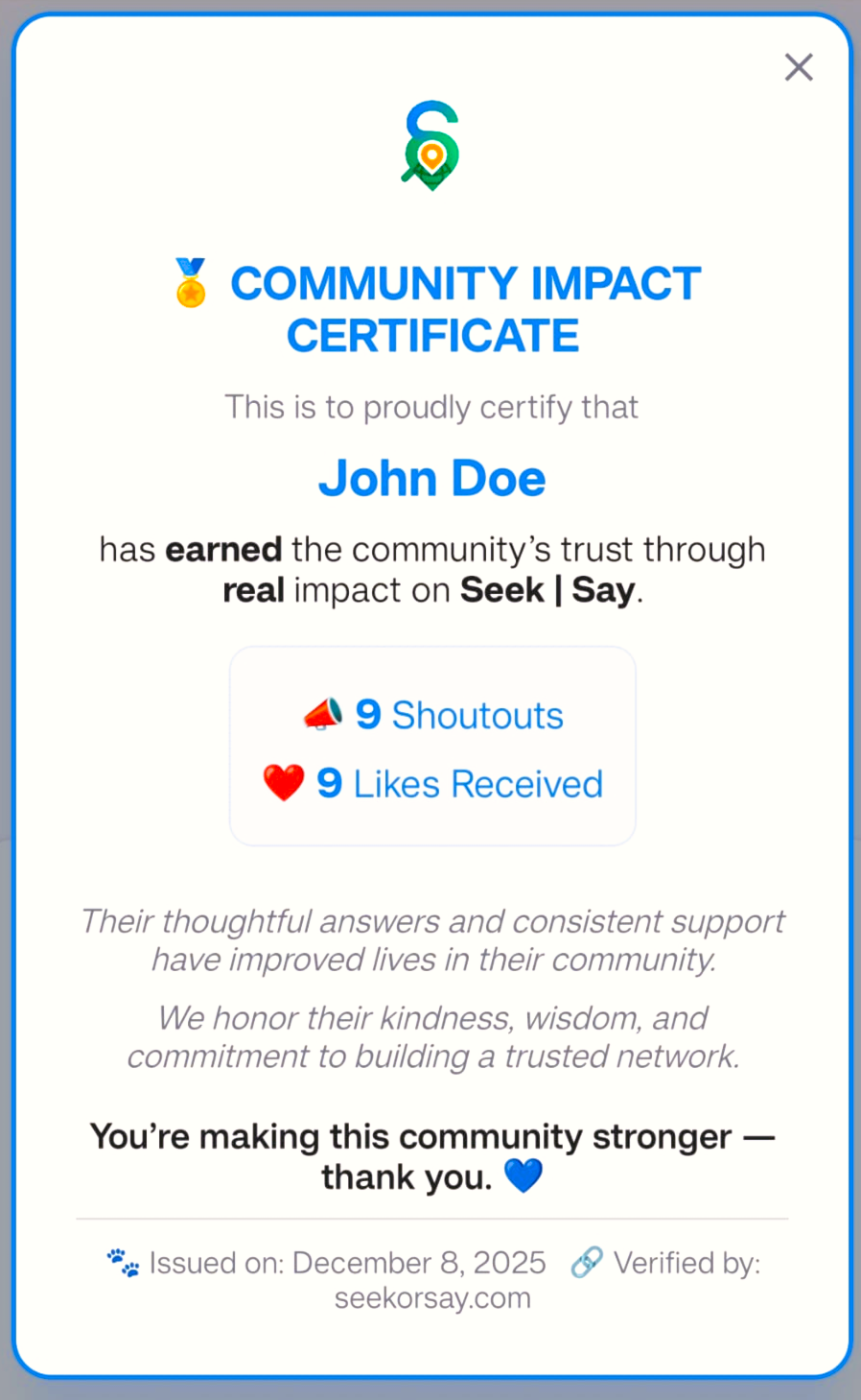 Community Impact Certificate