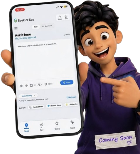 Illustration of a person pointing at the Seek or Say app on a phone, with a Coming Soon note on their hoodie.