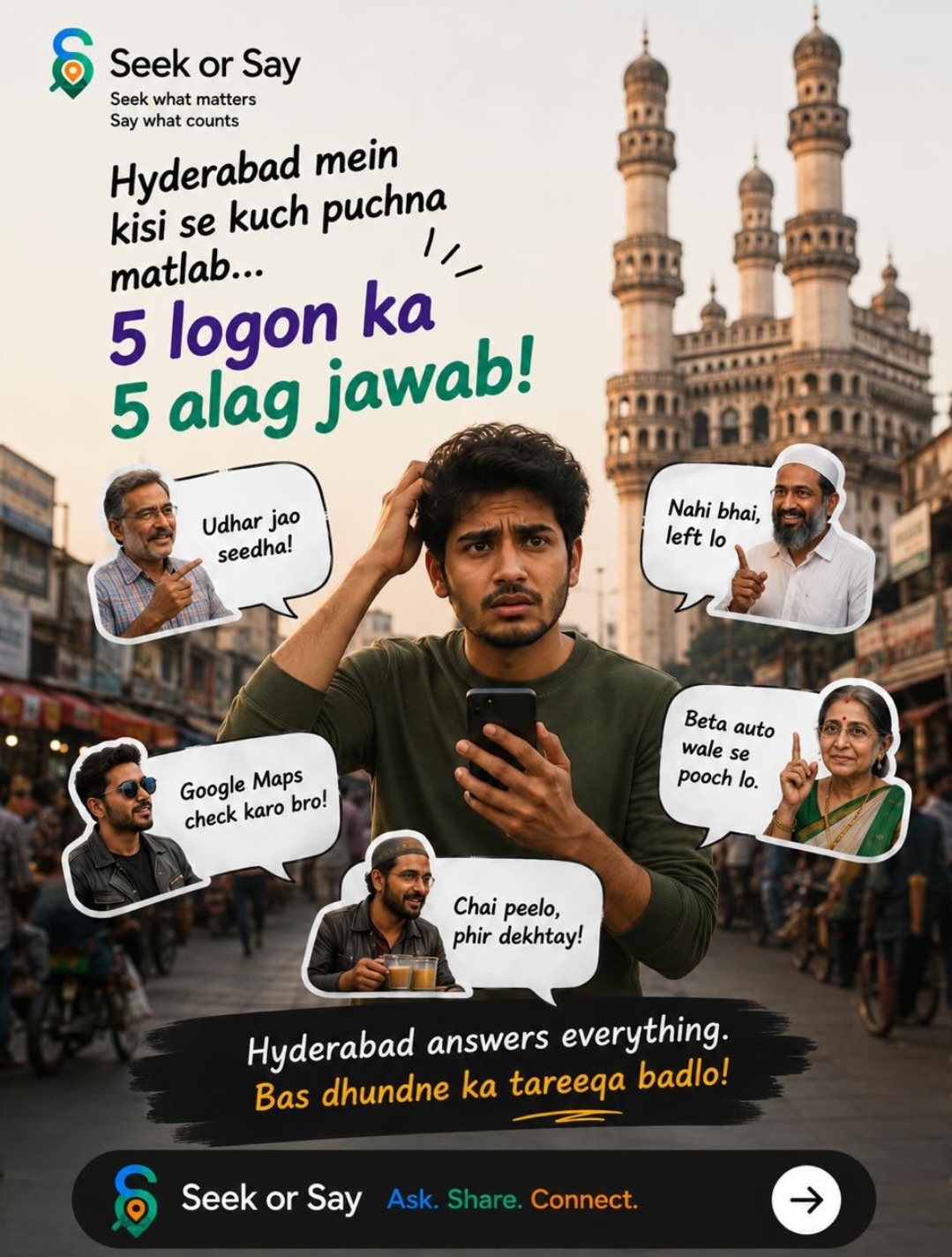 Hyderabad street scene: confused phone user surrounded by neighbors giving different directions, Charminar in the background, Seek or Say branding.